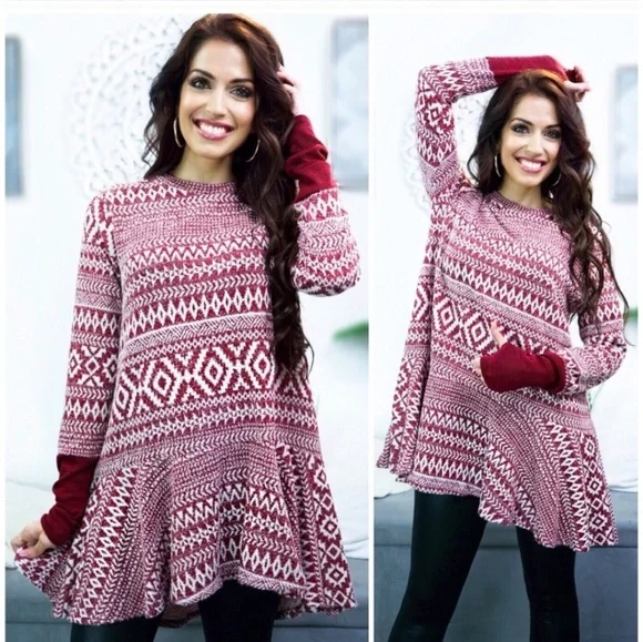 Warm Tunic Burgundy and Winter White Sweater - Picture 5 of 7